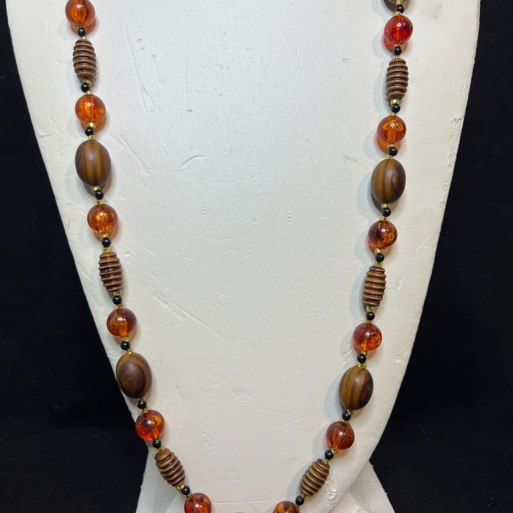 Vintage Single Strand Gold Tone Wooden & Orange Plastic Bead Necklace 33" (3893)